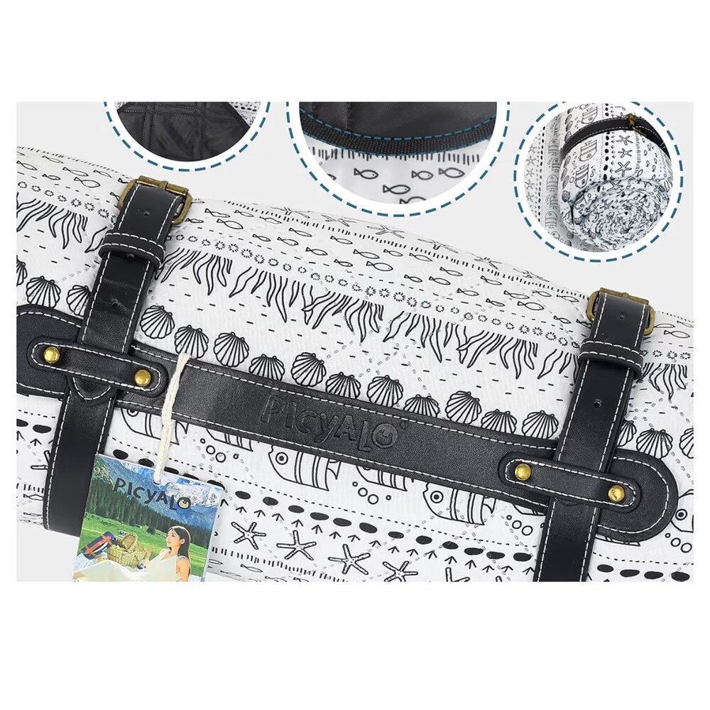 New Black/White Fish & Shell 80 x 80 Picnic Blanket Picyalo